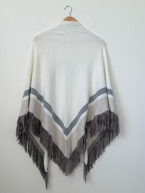 Chico's Coastal Cream Wrap with Grey and Taupe and Faux Suede Fringe